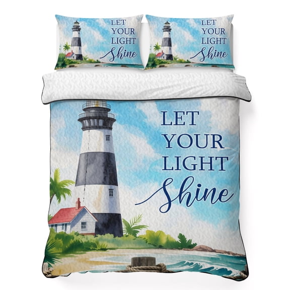 Full Quilt Bedding Set, LET YOUR LIGHT Shine Soft Microfiber Summer Bedspread Coverlet with 2 Pillow Shams for All Season, Watercolor Ocean Beach Lighthouse Breathable Bedding Set for Hot Sleepers