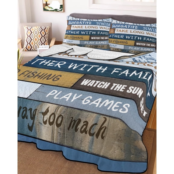 Full Quilt Bedding Set, Lake Rules Farm Blue Wood Board Lightweight Coverlet Summer Comforter Set Soft Microfiber Bedspread, Quote Wooden Grain 3 Piece Quilt Set with 2 Pillow Shams All Seasons Use