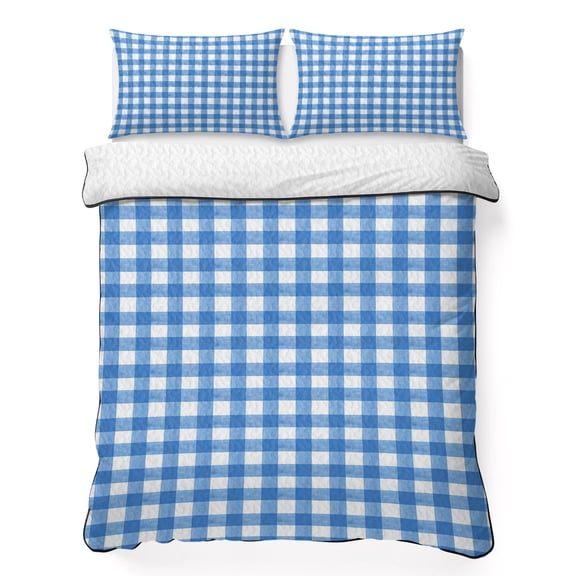 Full Quilt Bedding Set Light Blue Gingham Check Breathable Summer Cooling Blanket for Hot Sleepers, Country Classic Plaid Lightweight Soft Bedding Set with 2 Pillow Shams for All Season