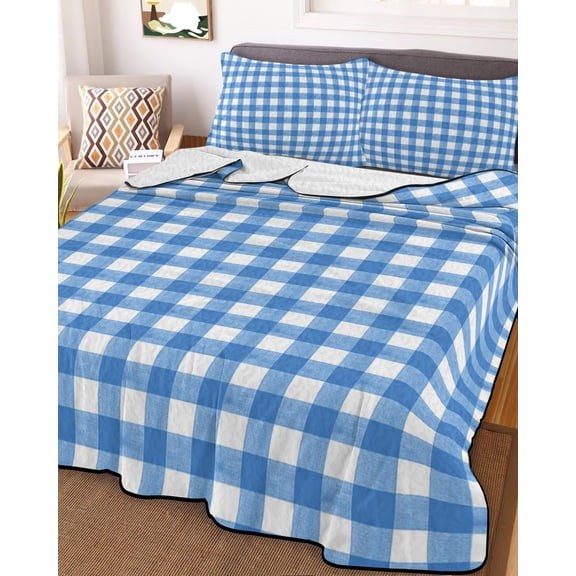 Full Quilt Bedding Set Light Blue Gingham Check Summer Quilt Lightweight Quilted Coverlet with 2 Pillow Shams, Country Classic Plaid 3-Piece Bedspread Quilt Set for All Season
