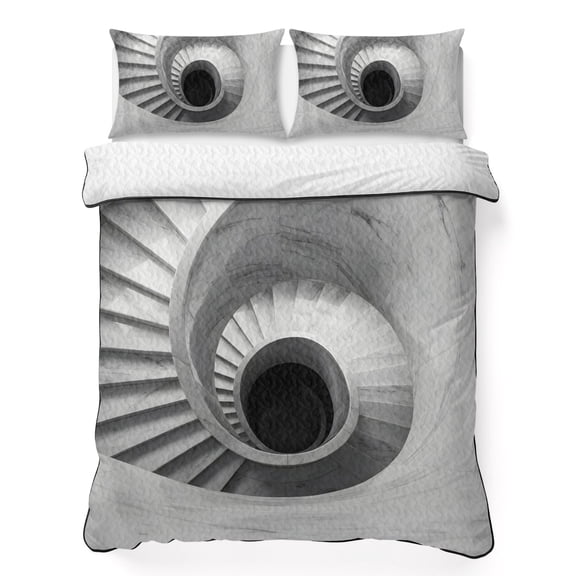Full Quilt Bedding Set, Marble Spiral Staircase Soft Microfiber Summer Bedspread Coverlet with 2 Pillow Shams for All Season, Monochrome Architecture Breathable Bedding Set for Hot Sleepers