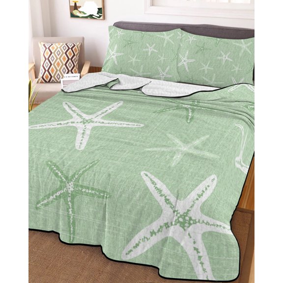 Full Quilt Bedding Set, Marine Starfish Green Burlap Linen Lightweight Coverlet Summer Comforter Set Soft Microfiber Bedspread, Summer Ocean Theme 3 Piece Quilt Set with 2 Pillow Shams