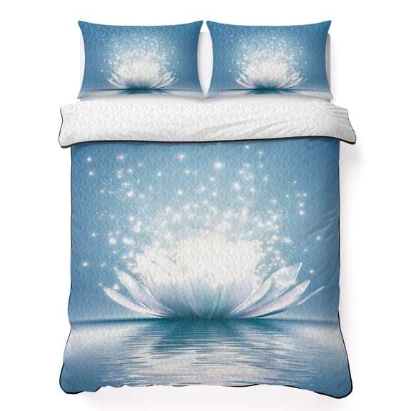 Full Quilt Bedding Set Meditation Lotus Flower Breathable Summer Cooling Blanket for Hot Sleepers, Asian Zen Spiritual Lightweight Soft Bedding Set with 2 Pillow Shams for All Season