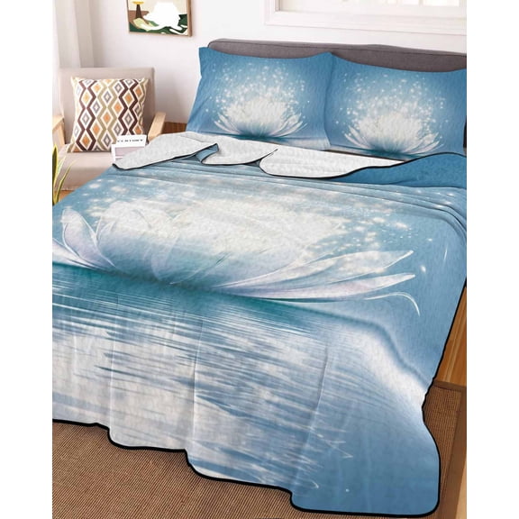 Full Quilt Bedding Set, Meditation Lotus Flower Lightweight Coverlet Summer Comforter Set Soft Microfiber Bedspread, Asian Zen Spiritual 3 Piece Quilt Set with 2 Pillow Shams All Seasons Use
