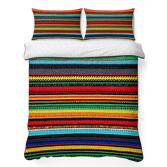 Full Quilt Bedding Set Mexican Stripe Colorful Breathable Summer Cooling Blanket for Hot Sleepers, Yellow Red Lines Lightweight Soft Bedding Set with 2 Pillow Shams for All Season