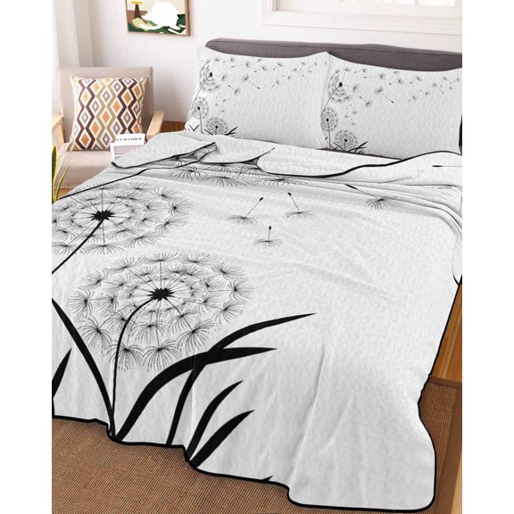 Full Quilt Bedding Set, Minimalist Plant Dandelion Lightweight Coverlet Summer Comforter Set Soft Microfiber Bedspread, Classic Modern Rural Botanical 3 Piece Quilt Set with 2 Pillow Shams