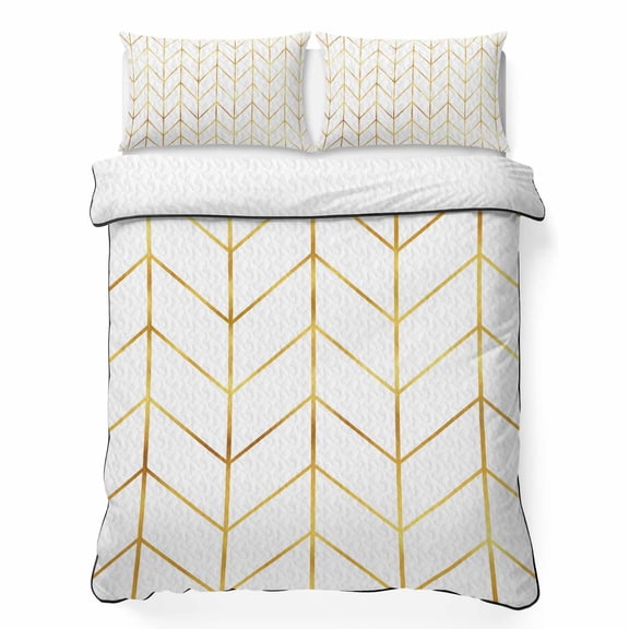 Full Quilt Bedding Set Minimalist Yellow Herringbone Arrow Breathable Summer Cooling Blanket for Hot Sleepers, Abstract Geometric Line Soft Bedding Set with 2 Pillow Shams for All Season