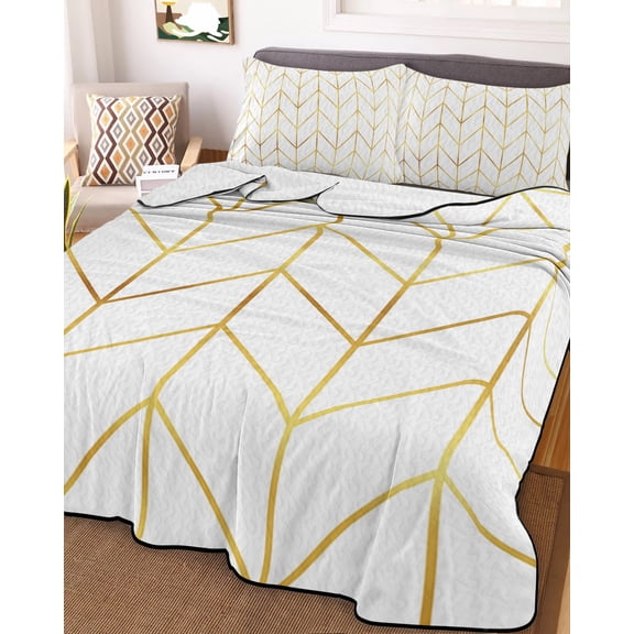 Full Quilt Bedding Set, Minimalist Yellow Herringbone Arrow Lightweight Coverlet Summer Comforter Set Soft Microfiber Bedspread, Abstract Geometric Line 3 Piece Quilt Set with 2 Pillow Shams