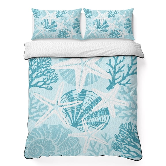 Full Quilt Bedding Set Mint Green Ocean Starfish Breathable Summer Cooling Blanket for Hot Sleepers, Summer Coastal Shell Coral Lightweight Soft Bedding Set with 2 Pillow Shams for All Season