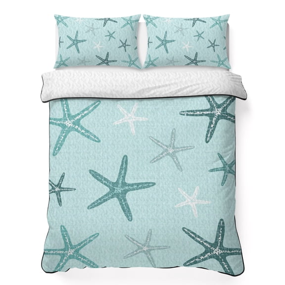 Full Quilt Bedding Set Mint Green Ocean Starfish Breathable Summer Cooling Blanket for Hot Sleepers, Summer Coastal Starfish Lightweight Soft Bedding Set with 2 Pillow Shams for All Season