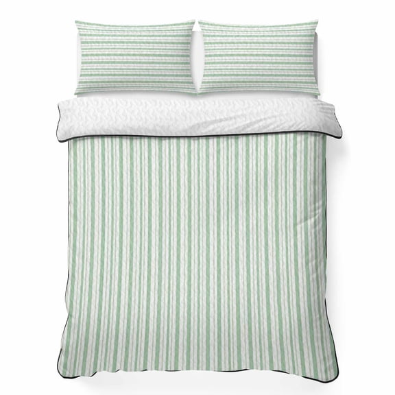 Full Quilt Bedding Set, Mint Green White Thin Stripe Soft Microfiber Summer Bedspread Coverlet with 2 Pillow Shams for All Season, Minimalist Striped Textured Breathable Bedding Set for Hot Sleepers