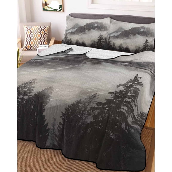 Full Quilt Bedding Set, Misty Snow Mountains Lightweight Coverlet Summer Comforter Set Soft Microfiber Bedspread, Forest Landscape Grey 3 Piece Quilt Set with 2 Pillow Shams All Seasons Use