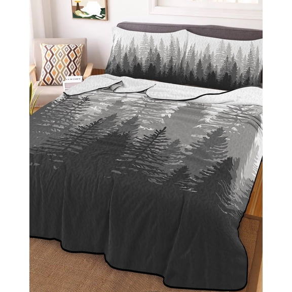 Full Quilt Bedding Set, Modern Forest Trees Shadow Scene Lightweight Coverlet Summer Comforter Set Soft Microfiber Bedspread, Gradient Black Grey White 3 Piece Quilt Set with 2 Pillow Shams