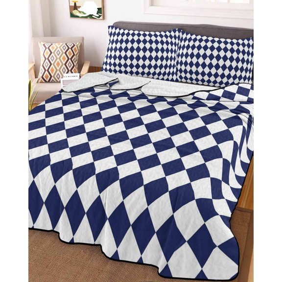 Full Quilt Bedding Set, Modern Geometric Buffalo Plaid Lightweight Coverlet Summer Comforter Set Soft Microfiber Bedspread, Abstract Blue White Diamond 3 Piece Quilt Set with 2 Pillow Shams
