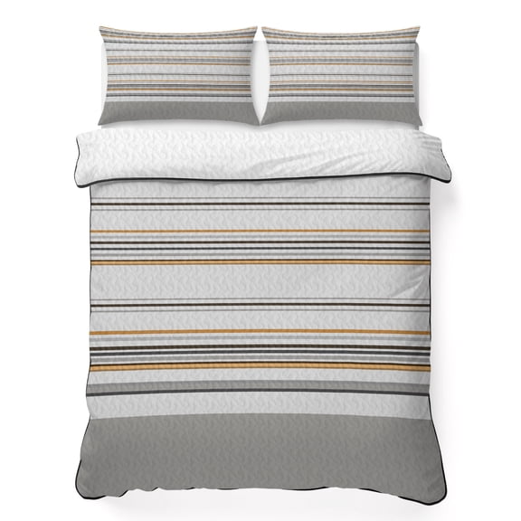Full Quilt Bedding Set Modern Gradient Yellow Gray Stripes Breathable Summer Cooling Blanket for Hot Sleepers, Vintage Ombre Lightweight Soft Bedding Set with 2 Pillow Shams for All Season