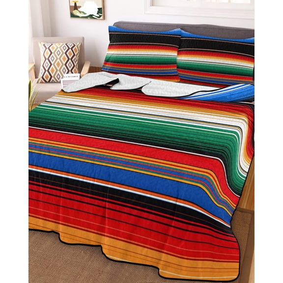 Full Quilt Bedding Set Modern Mexican Stripes Summer Quilt Lightweight Quilted Coverlet with 2 Pillow Shams, Ethnic Colorful Lines 3-Piece Bedspread Quilt Set for All Season