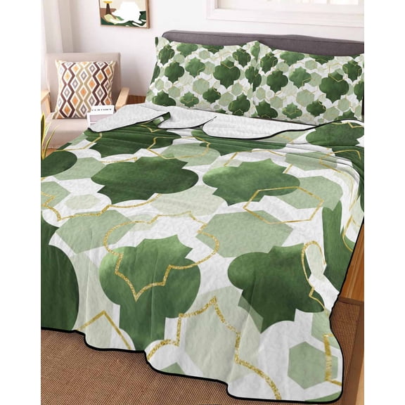 Full Quilt Bedding Set, Modern Moroccan Geometric Texture Lightweight Coverlet Summer Comforter Set Soft Microfiber Bedspread, Sage Green Ombre Gold Line 3 Piece Quilt Set with 2 Pillow Shams