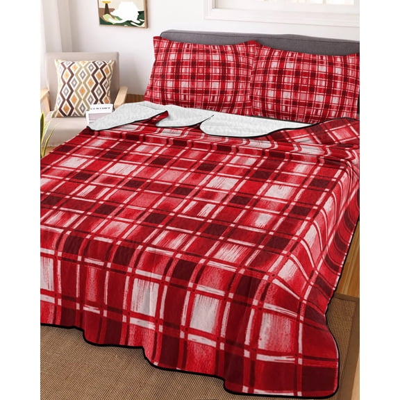 Full Quilt Bedding Set, Modern Red Buffalo Plaid Lightweight Coverlet Summer Comforter Set Soft Microfiber Bedspread, Abstract Gradient Checkered 3 Piece Quilt Set with 2 Pillow Shams All Seasons Use