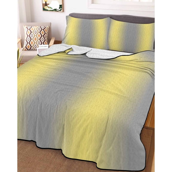 Full Quilt Bedding Set, Modern Yellow Gray Gradient Lightweight Coverlet Summer Comforter Set Soft Microfiber Bedspread, Minimalist Ombre Style 3 Piece Quilt Set with 2 Pillow Shams All Seasons Use