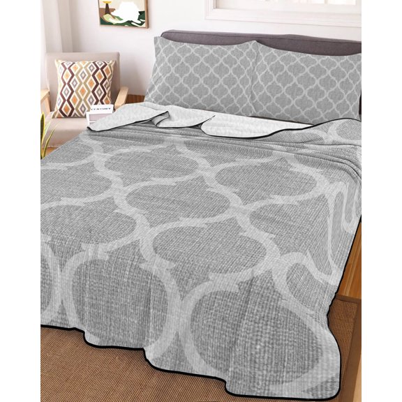 Full Quilt Bedding Set, Moroccan Geometric Pattern Lightweight Coverlet Summer Comforter Set Soft Microfiber Bedspread, Country Vintage Linen Texture 3 Piece Quilt Set with 2 Pillow Shams