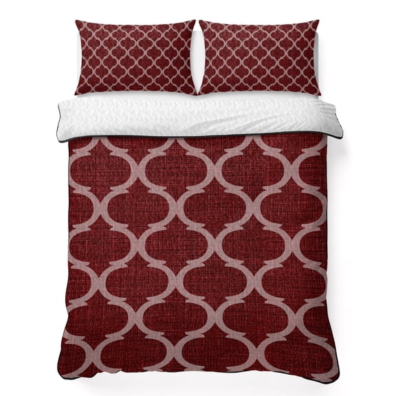 Full Quilt Bedding Set Moroccan Red Geometric Lattice Breathable Summer Cooling Blanket for Hot Sleepers, Retro Medieval Pattern Lightweight Soft Bedding Set with 2 Pillow Shams for All Season