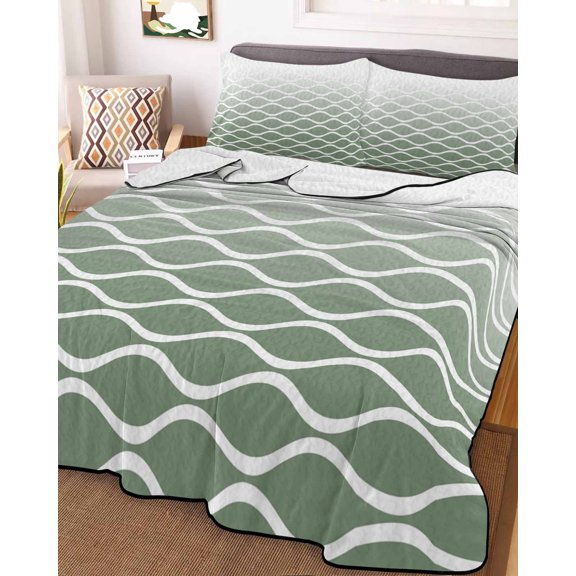 Full Quilt Bedding Set, Morocco Art White Wave Stripe Lightweight Coverlet Summer Comforter Set Soft Microfiber Bedspread, Sage Green Color Ombre 3 Piece Quilt Set with 2 Pillow Shams All Seasons Use
