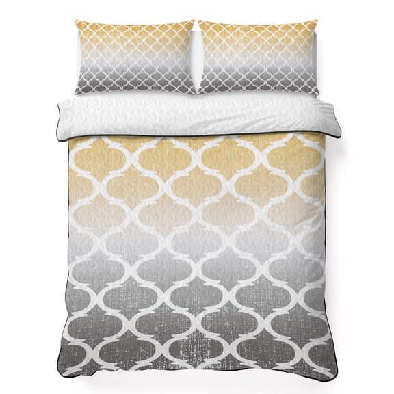 Full Quilt Bedding Set, Morocco Pattern Ombre Yellow Grey Soft Microfiber Summer Bedspread Coverlet with 2 Pillow Shams for All Season, Art Breathable Bedding Set for Hot Sleepers