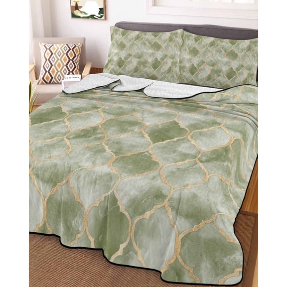 Full Quilt Bedding Set, Morocco Sage Green Geometric Lightweight Coverlet Summer Comforter Set Soft Microfiber Bedspread, Abstract Marble Texture 3 Piece Quilt Set with 2 Pillow Shams All Seasons Use