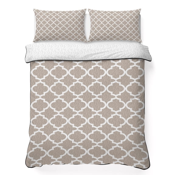 Full Quilt Bedding Set, Morocco Tile Texture Beige White Soft Microfiber Summer Bedspread Coverlet with 2 Pillow Shams for All Season, Farmhouse Lattice Breathable Bedding Set for Hot Sleepers
