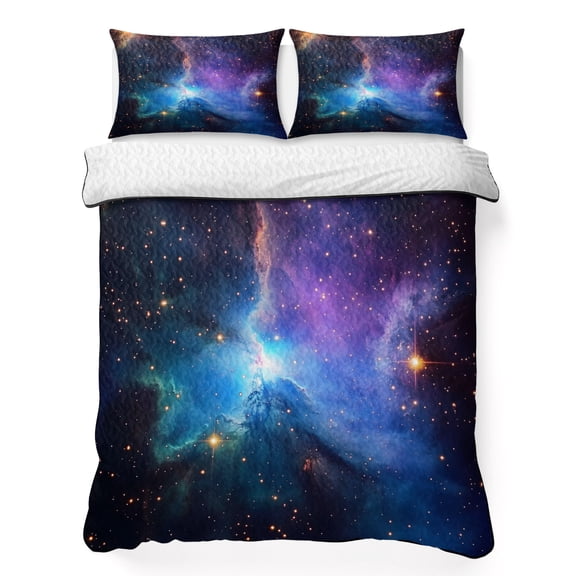 Full Quilt Bedding Set Mystical Blue Purple Starry Sky Breathable Summer Cooling Blanket for Hot Sleepers, Galaxy Digital Design Lightweight Soft Bedding Set with 2 Pillow Shams for All Season