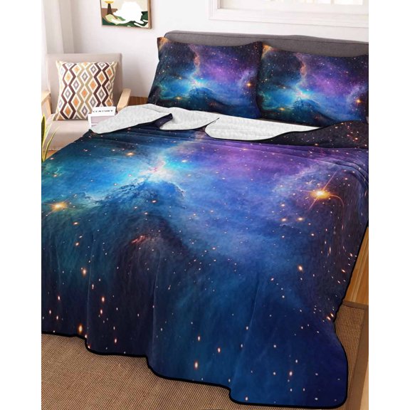 Full Quilt Bedding Set Mystical Blue Purple Starry Sky Summer Quilt Lightweight Quilted Coverlet with 2 Pillow Shams, Galaxy Digital Design 3-Piece Bedspread Quilt Set for All Season
