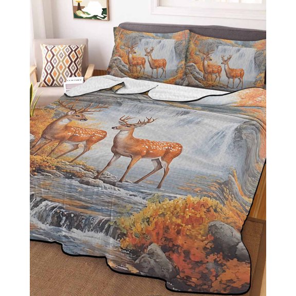 Full Quilt Bedding Set, Natural Forest Waterfall Antlers Lightweight Coverlet Summer Comforter Set Soft Microfiber Bedspread, Watercolor River Tree Rock 3 Piece Quilt Set with 2 Pillow Shams