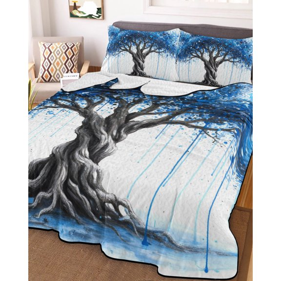Full Quilt Bedding Set Natural Watercolor Blue Tree Summer Quilt Lightweight Quilted Coverlet with 2 Pillow Shams, Abstract Mystical Forest 3-Piece Bedspread Quilt Set for All Season