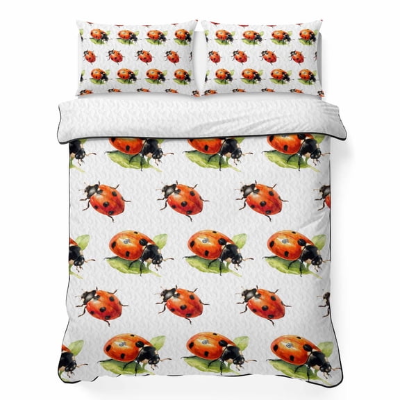 Full Quilt Bedding Set, Natural Watercolor Red Black Insects Soft Microfiber Summer Bedspread Coverlet with 2 Pillow Shams, Seven-spotted Ladybug Breathable Bedding Set for Hot Sleepers