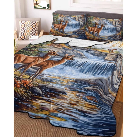 Full Quilt Bedding Set, Natural Wild Deer Stream Forest Lightweight Coverlet Summer Comforter Set Soft Microfiber Bedspread, Country Field Scenery 3 Piece Quilt Set with 2 Pillow Shams