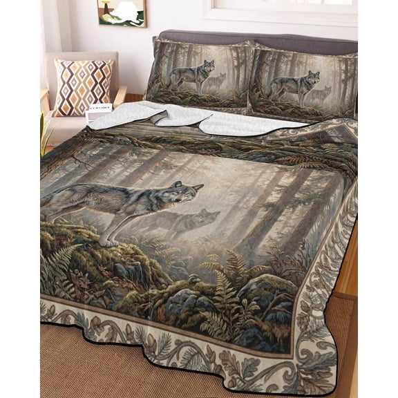 Full Quilt Bedding Set, Natural Wild Wolf Forest Scenery Lightweight Coverlet Summer Comforter Set Soft Microfiber Bedspread, Animal Botanical Tree Plant 3 Piece Quilt Set with 2 Pillow Shams