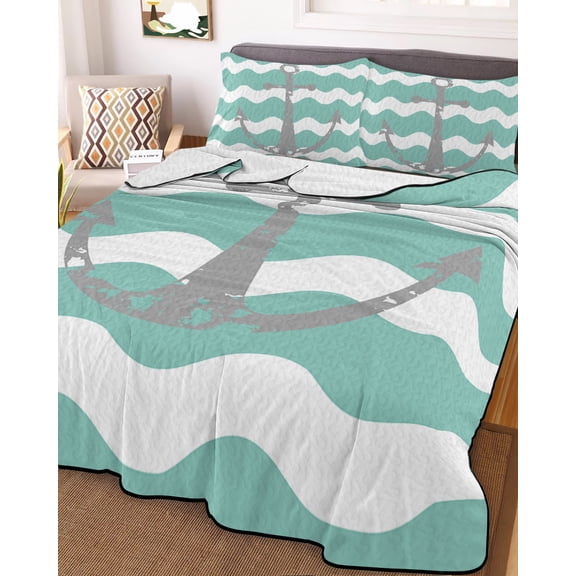 Full Quilt Bedding Set, Nautical Anchor Teal Zigzag Ripple Chevron Lightweight Coverlet Summer Comforter Set Bedspread, Grey Anchors Summer Ocean Theme 3 Piece Quilt Set with 2 Pillow Shams