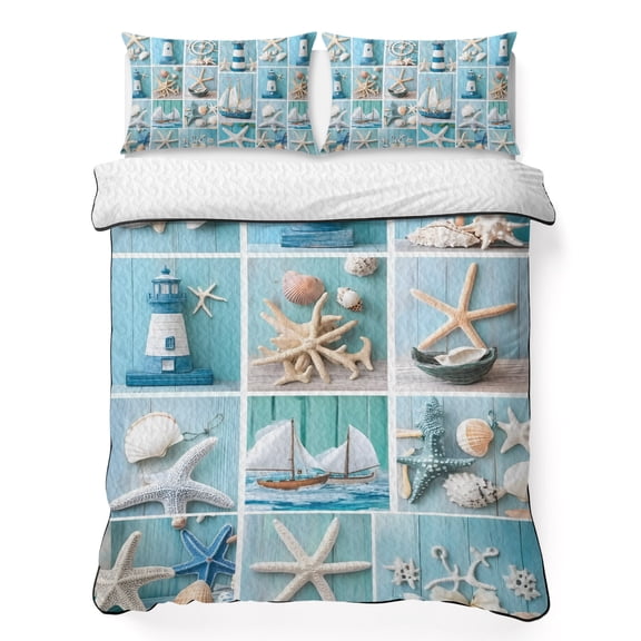 Full Quilt Bedding Set, Nautical Lighthouse Rudder Starfish Soft Microfiber Summer Bedspread Coverlet with 2 Pillow Shams, Marine Life Shell Blue Wood Breathable Bedding Set for Hot Sleepers