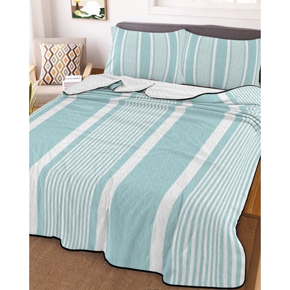 Full Quilt Bedding Set, Nautical Mint Green Stripes Lightweight Coverlet Summer Comforter Set Soft Microfiber Bedspread, Modern Minimalist Striped Line 3 Piece Quilt Set with 2 Pillow Shams