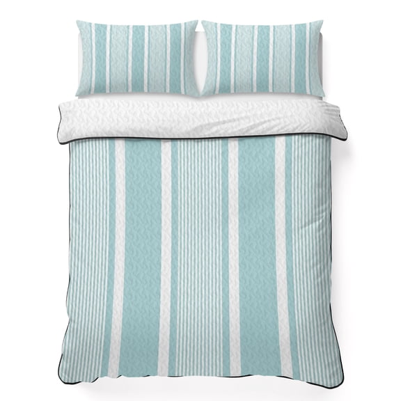 Full Quilt Bedding Set, Nautical Mint Green Stripes Soft Microfiber Summer Bedspread Coverlet with 2 Pillow Shams, Modern Minimalist Striped Line Breathable Bedding Set for Hot Sleepers