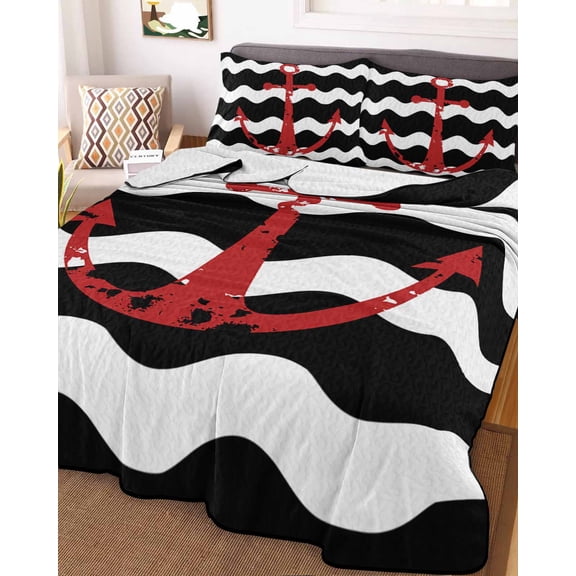 Full Quilt Bedding Set, Nautical Red Anchor Ocean Lightweight Coverlet Summer Comforter Set Soft Microfiber Bedspread, Retro Black and White Stripe 3 Piece Quilt Set with 2 Pillow Shams