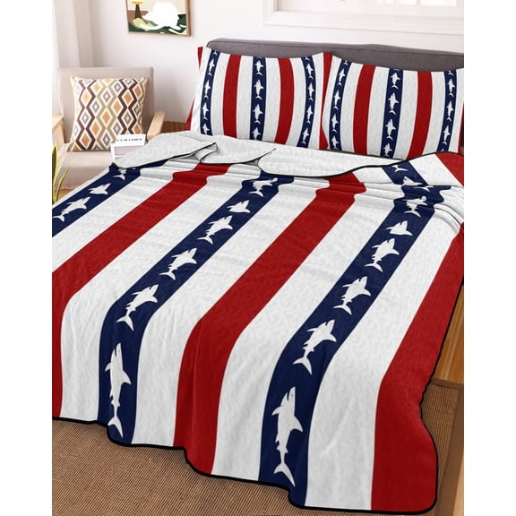 Full Quilt Bedding Set, Nautical Shark Red White Striped Lightweight Coverlet Summer Comforter Set Soft Microfiber Bedspread, Modern Abstract Art 3 Piece Quilt Set with 2 Pillow Shams All Seasons Use