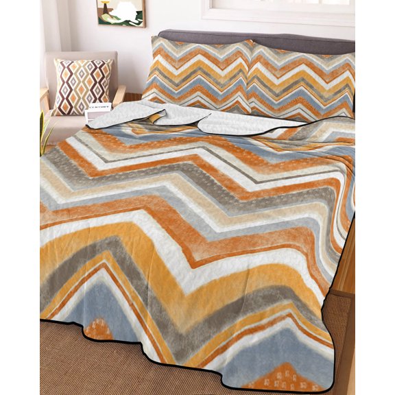 Full Quilt Bedding Set, Northern Europe Orange Zigzag Pattern Lightweight Coverlet Summer Comforter Set Soft Microfiber Bedspread, Retro Abstract Geometric Art 3 Piece Quilt Set with 2 Pillow Shams
