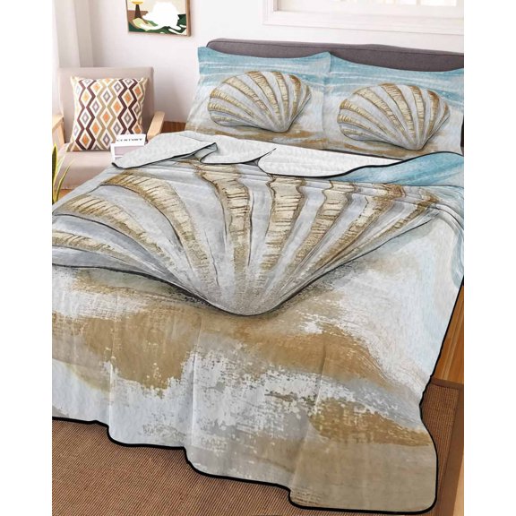 Full Quilt Bedding Set, Ocean Beach Shell Conch Lightweight Coverlet Summer Comforter Set Soft Microfiber Bedspread, Abstract Coastal Scene Ombre 3 Piece Quilt Set with 2 Pillow Shams All Seasons Use