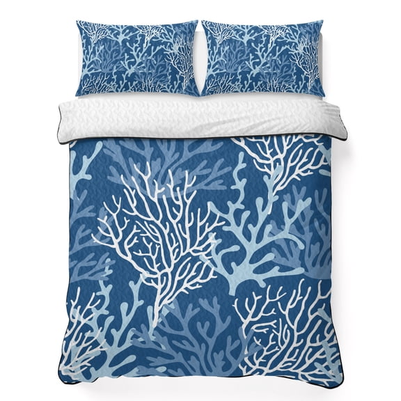 Full Quilt Bedding Set, Ocean Blue Coral Seamless Soft Microfiber Summer Bedspread Coverlet with 2 Pillow Shams for All Season, Sea Coastal Nautical Theme Breathable Bedding Set for Hot Sleepers