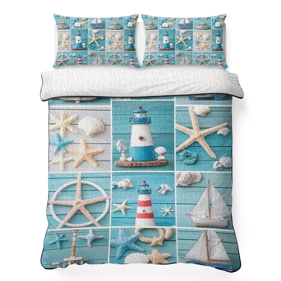Full Quilt Bedding Set, Ocean Starfish Lighthouse Boat Soft Microfiber Summer Bedspread Coverlet with 2 Pillow Shams for All Season, Retro Blue Wood Board Breathable Bedding Set for Hot Sleepers