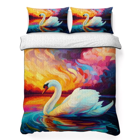 Full Quilt Bedding Set, Oil Style Animals Swan Soft Microfiber Summer Bedspread Coverlet with 2 Pillow Shams for All Season, Sunset Background Breathable Bedding Set for Hot Sleepers