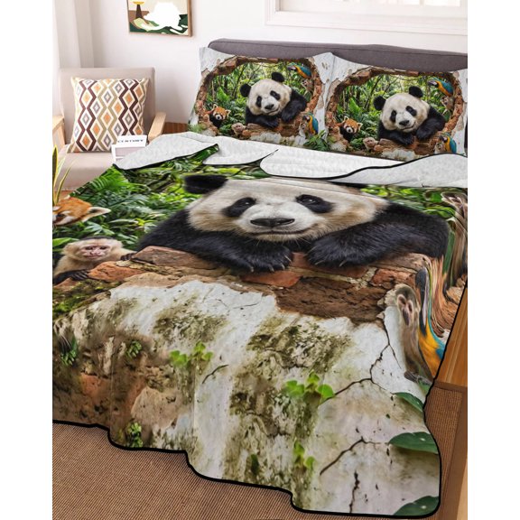 Full Quilt Bedding Set, Panda Red Panda Funny Animal Lightweight Coverlet Summer Comforter Set Soft Microfiber Bedspread, Summer Green Leaves 3 Piece Quilt Set with 2 Pillow Shams All Seasons Use