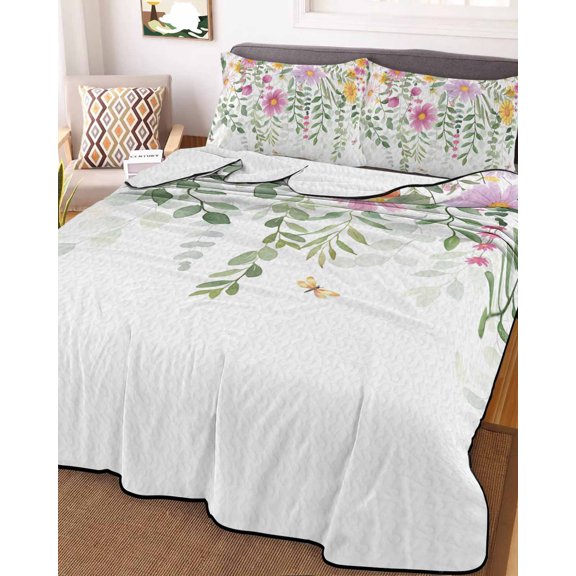 Full Quilt Bedding Set, Pastoral Watercolor Flower Leaves Lightweight Coverlet Summer Comforter Set Soft Microfiber Bedspread, Farmhouse Florets 3 Piece Quilt Set with 2 Pillow Shams All Seasons Use