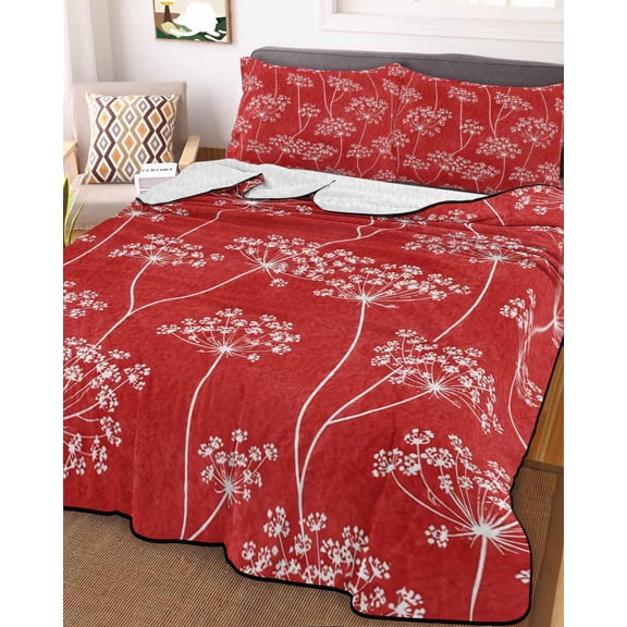 Full Quilt Bedding Set, Pastoral Wildflowers Dandelion Lightweight Coverlet Summer Comforter Set Soft Microfiber Bedspread, Vibrant Red Background 3 Piece Quilt Set with 2 Pillow Shams